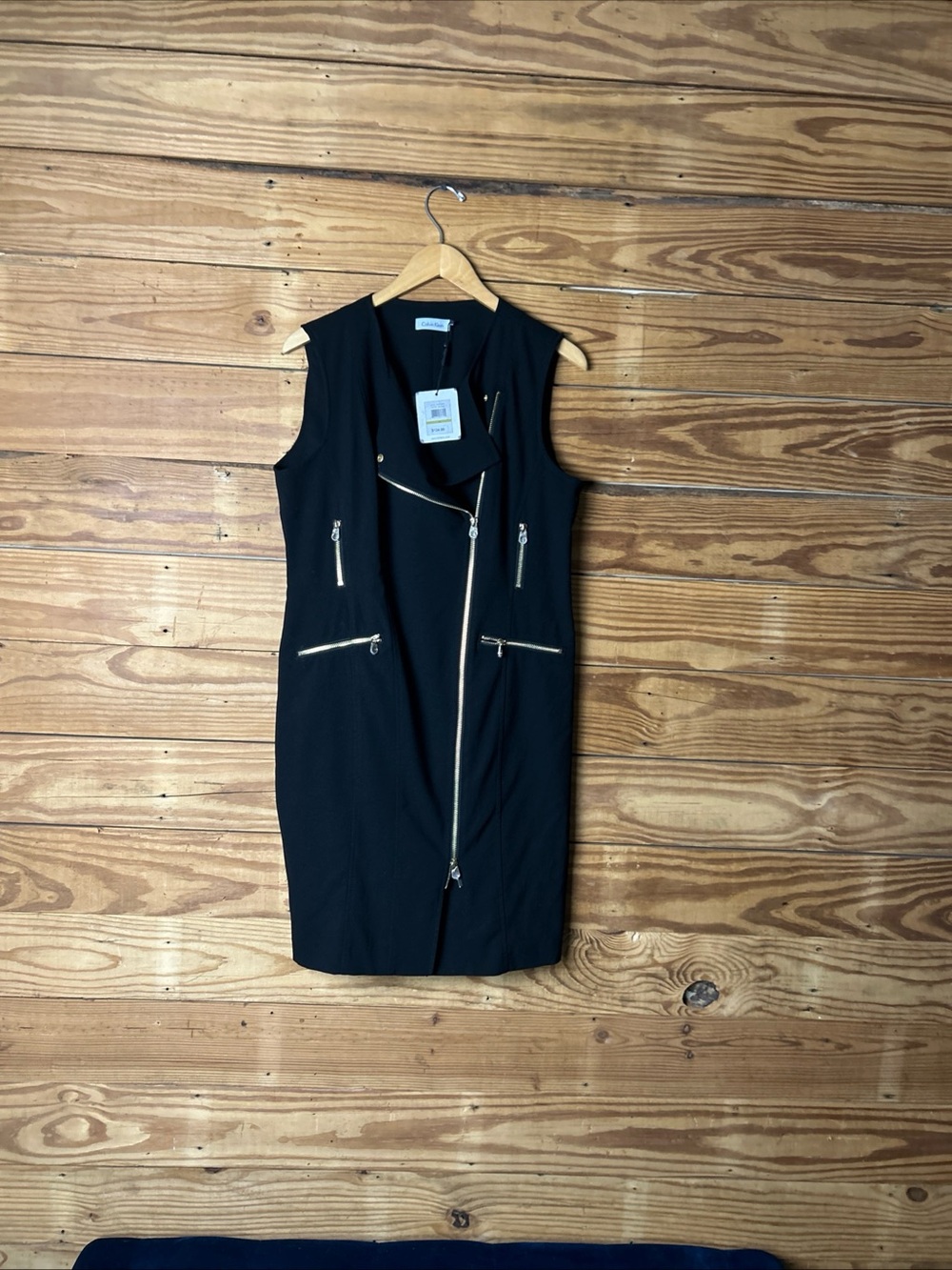 Calvin Klein Black Sleeveless Zip-Front Shift Dress with Gold Zippers